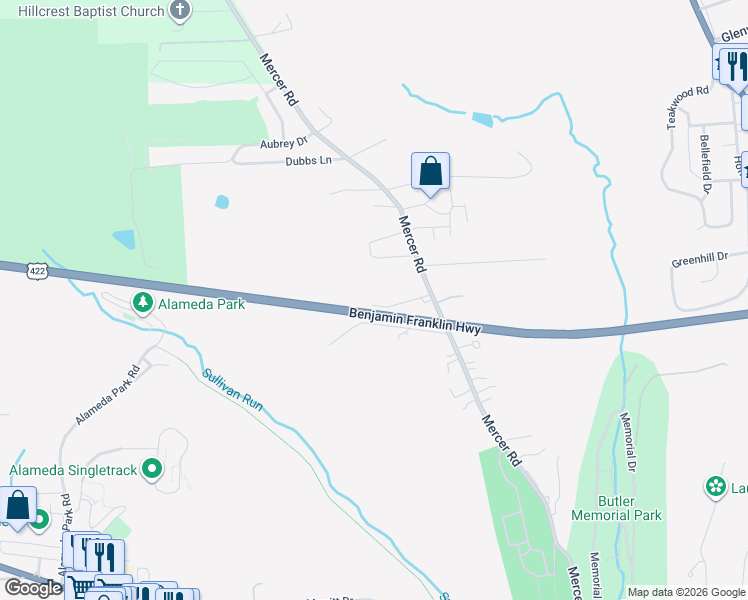 map of restaurants, bars, coffee shops, grocery stores, and more near 110 Judson Avenue in Butler