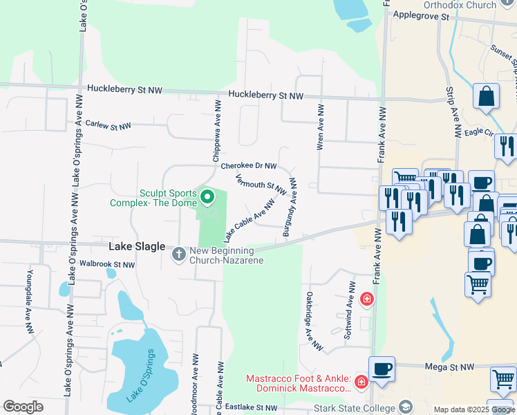 map of restaurants, bars, coffee shops, grocery stores, and more near 5407 Chianti Street Northwest in North Canton