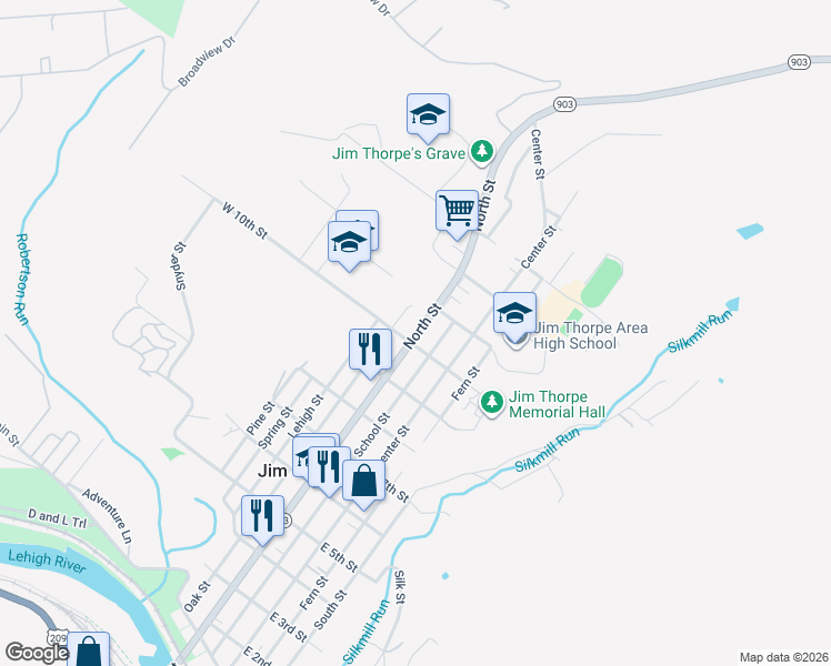map of restaurants, bars, coffee shops, grocery stores, and more near 150 West 10th Street in Jim Thorpe
