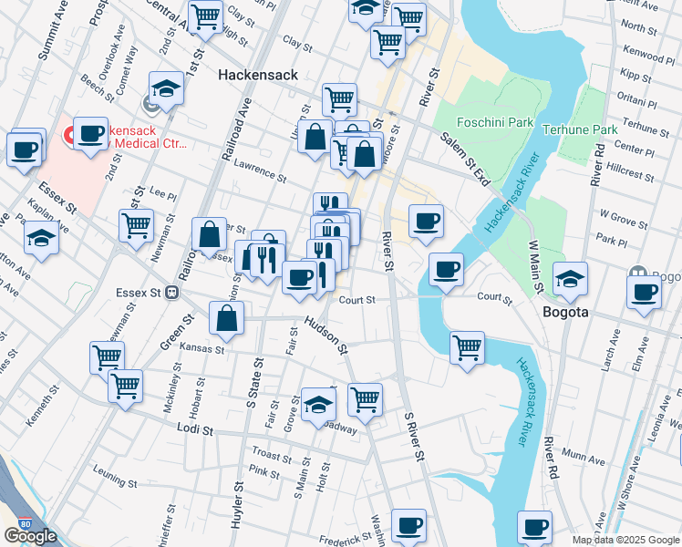 map of restaurants, bars, coffee shops, grocery stores, and more near 41 Main Street in Hackensack
