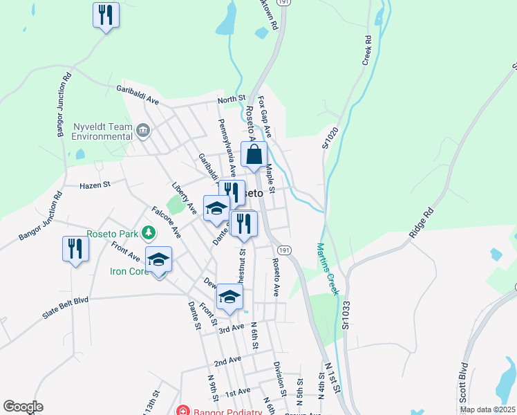 map of restaurants, bars, coffee shops, grocery stores, and more near 304 Roseto Avenue in Bangor