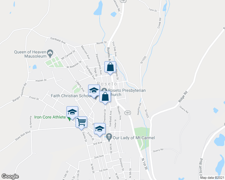 map of restaurants, bars, coffee shops, grocery stores, and more near 304 Roseto Avenue in Bangor