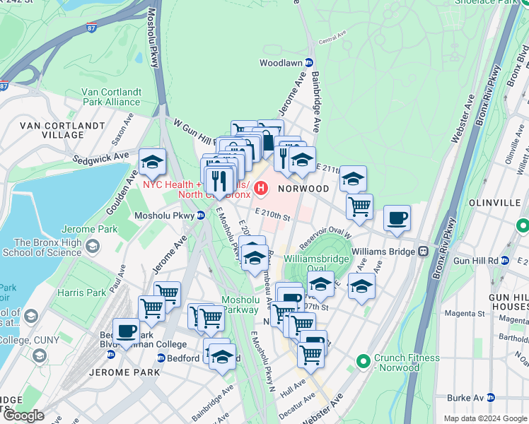 map of restaurants, bars, coffee shops, grocery stores, and more near 101 East 210th Street in Bronx