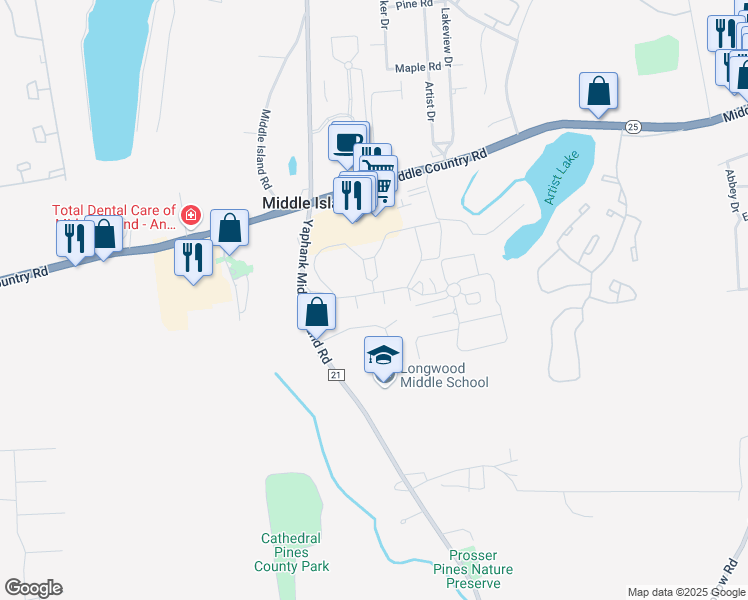 map of restaurants, bars, coffee shops, grocery stores, and more near 339 Artist Lake Drive in Middle Island