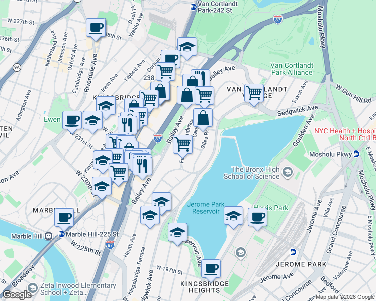 map of restaurants, bars, coffee shops, grocery stores, and more near 3358 Fort Independence Street in Bronx