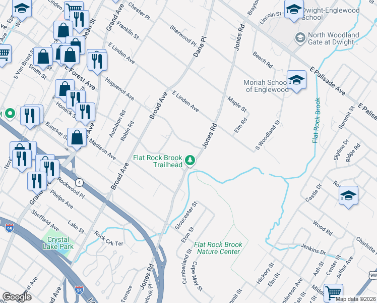 map of restaurants, bars, coffee shops, grocery stores, and more near 280 Jones Road in Englewood