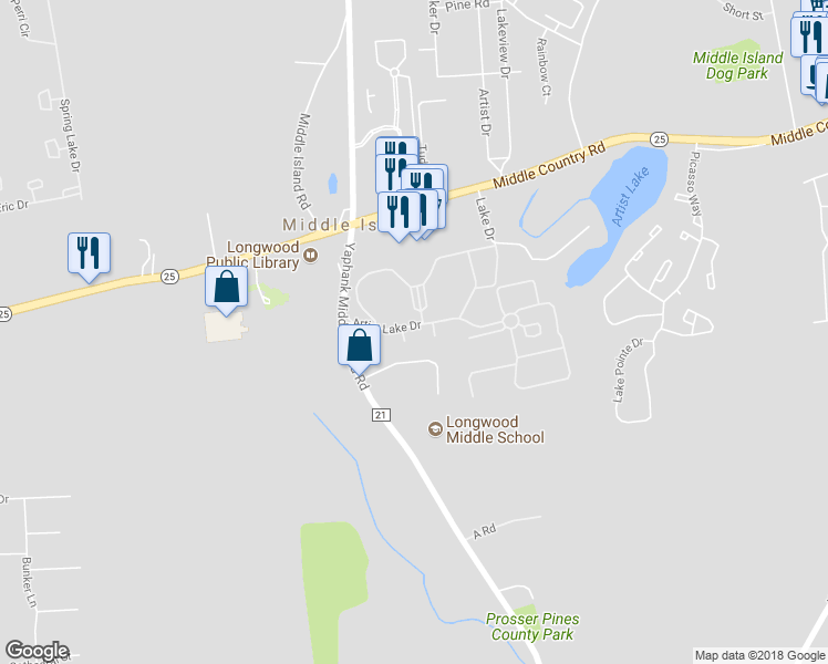 map of restaurants, bars, coffee shops, grocery stores, and more near 348 Artist Lake Drive in Middle Island