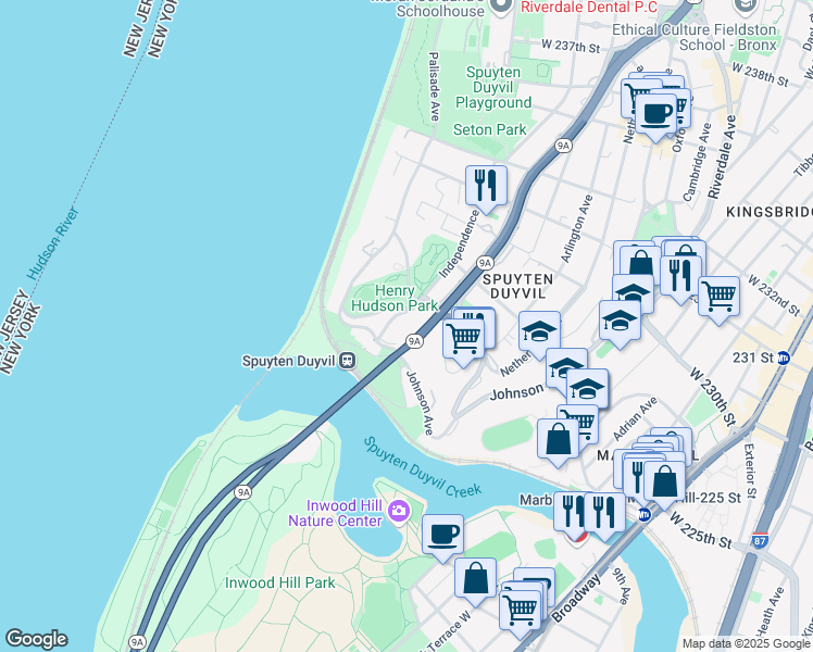map of restaurants, bars, coffee shops, grocery stores, and more near 2550 Independence Avenue in The Bronx
