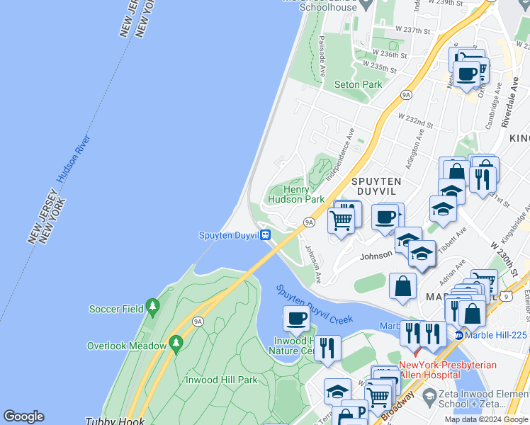 map of restaurants, bars, coffee shops, grocery stores, and more near 2501 Palisade Avenue in The Bronx