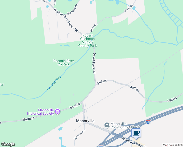 map of restaurants, bars, coffee shops, grocery stores, and more near 16 David Terry Road in Manorville