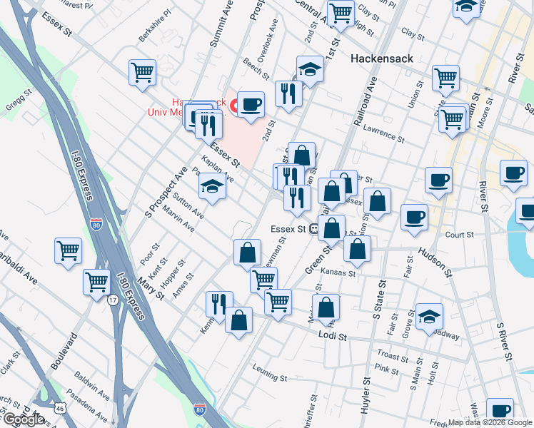 map of restaurants, bars, coffee shops, grocery stores, and more near 50 Polifly Road in Hackensack