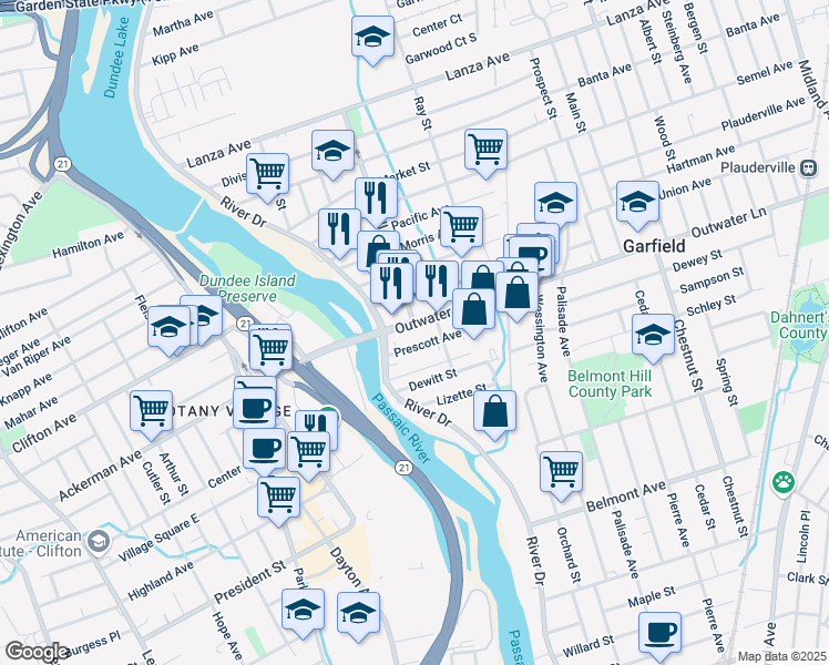 map of restaurants, bars, coffee shops, grocery stores, and more near 25 Prescott Avenue in Garfield