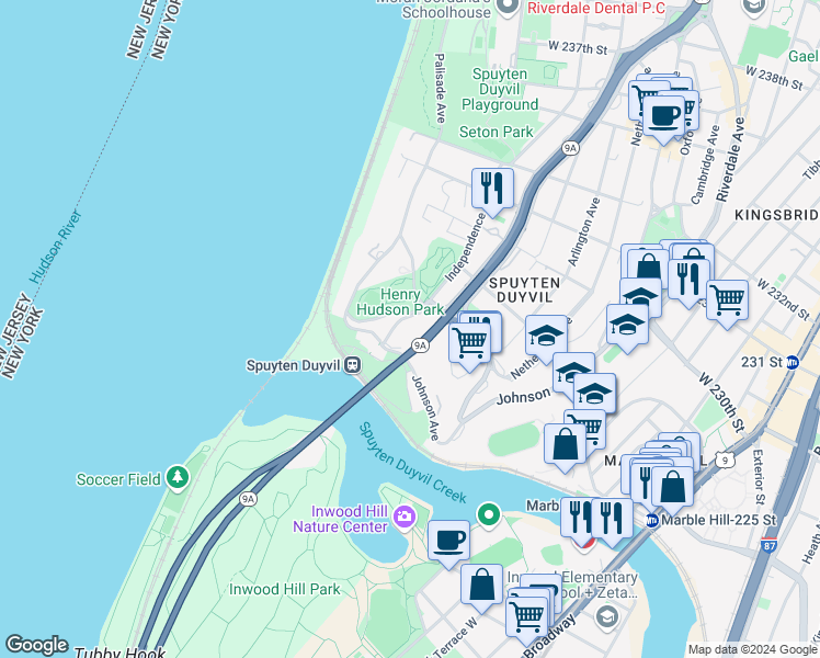 map of restaurants, bars, coffee shops, grocery stores, and more near 2550 Independence Avenue in The Bronx