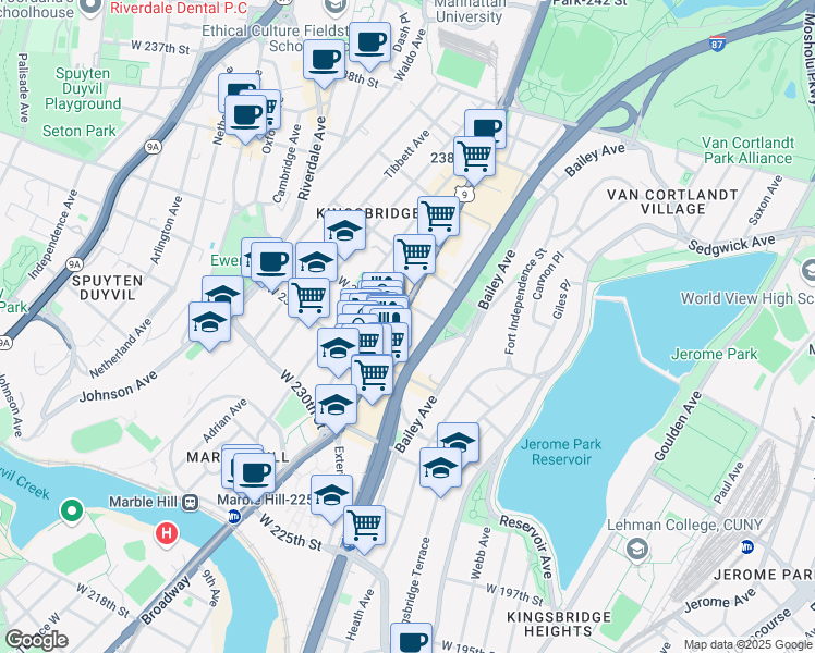 map of restaurants, bars, coffee shops, grocery stores, and more near 5604 Broadway in Bronx