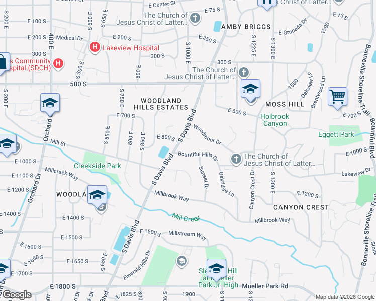 map of restaurants, bars, coffee shops, grocery stores, and more near 982 Bountiful Hills Drive in Bountiful