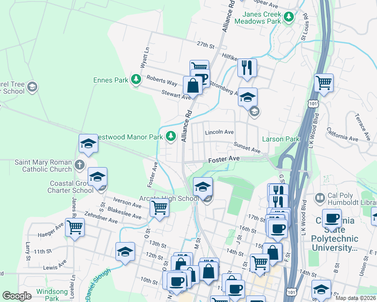 map of restaurants, bars, coffee shops, grocery stores, and more near in Arcata