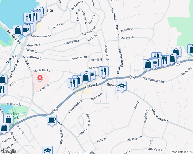 map of restaurants, bars, coffee shops, grocery stores, and more near 10 Fort Hill Road in Huntington