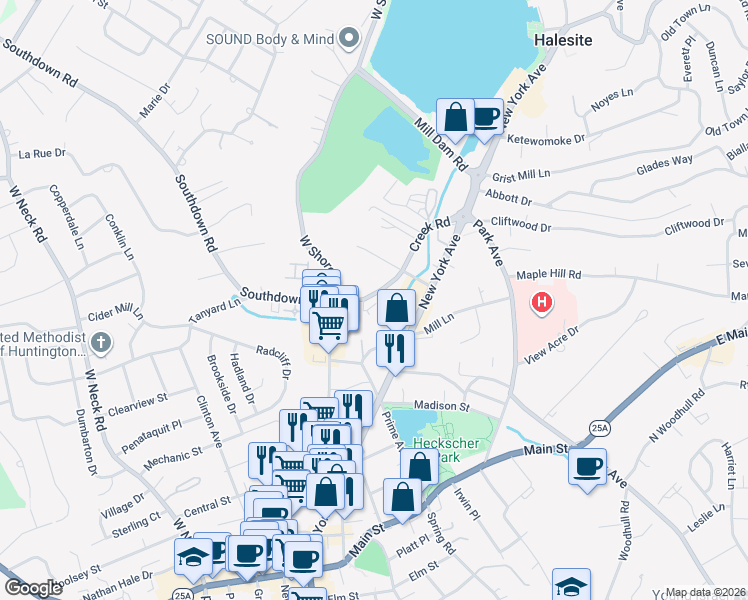 map of restaurants, bars, coffee shops, grocery stores, and more near 16 Creek Road in Halesite