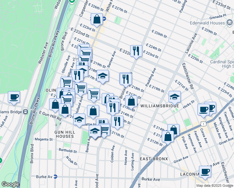 map of restaurants, bars, coffee shops, grocery stores, and more near 874 East 216th Street in Bronx