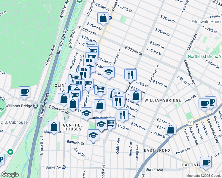map of restaurants, bars, coffee shops, grocery stores, and more near 837 East 215th Street in Bronx