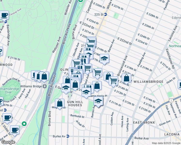 map of restaurants, bars, coffee shops, grocery stores, and more near 753 East 214th Street in Bronx