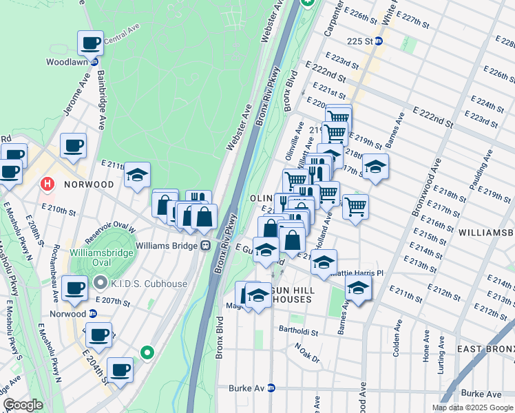map of restaurants, bars, coffee shops, grocery stores, and more near 3559 Olinville Avenue in Bronx