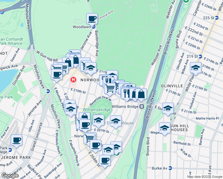 map of restaurants, bars, coffee shops, grocery stores, and more near 275c East Gun Hill Road in Bronx