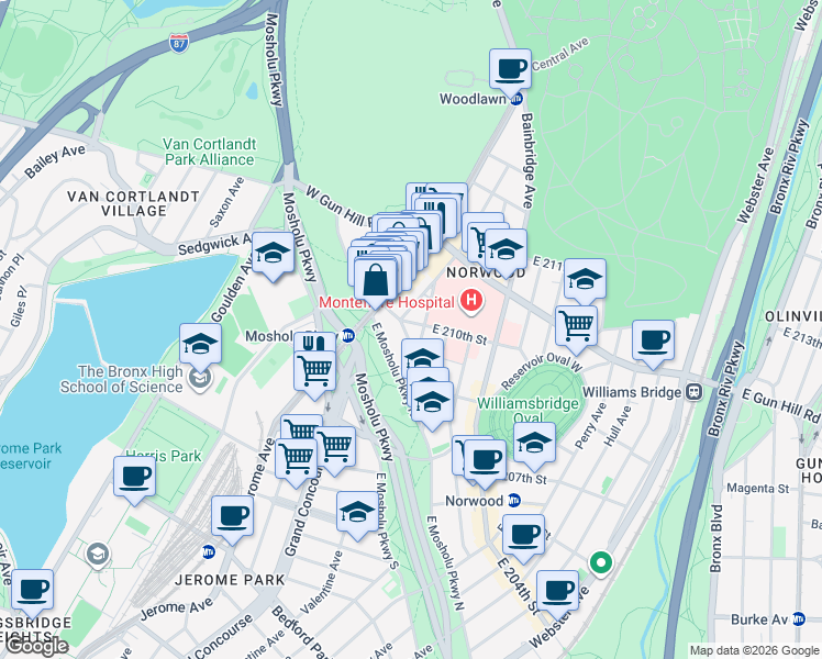 map of restaurants, bars, coffee shops, grocery stores, and more near 46 East 208th Street in Bronx
