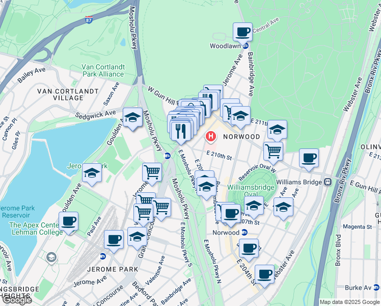 map of restaurants, bars, coffee shops, grocery stores, and more near 46 East 208th Street in Bronx