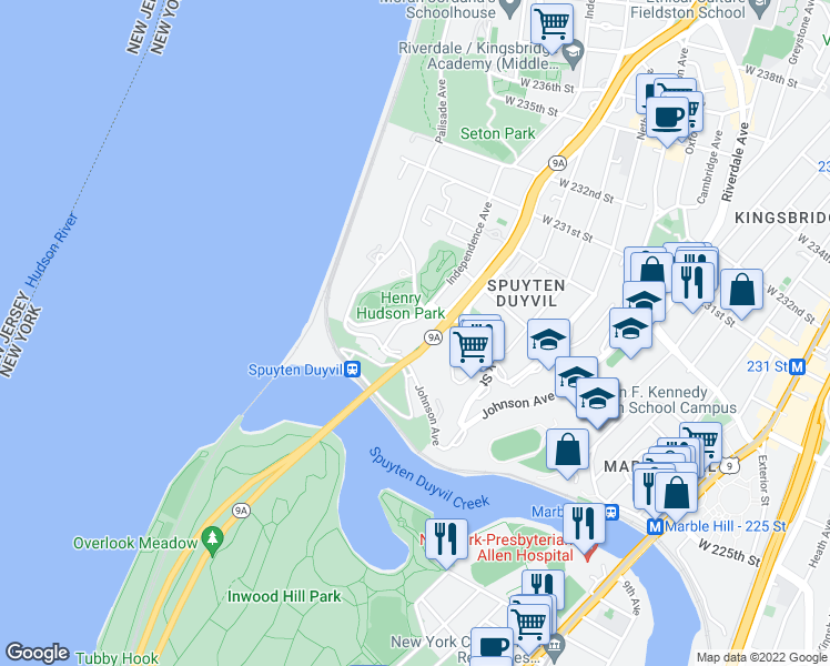 map of restaurants, bars, coffee shops, grocery stores, and more near 2390 Palisade Avenue in The Bronx