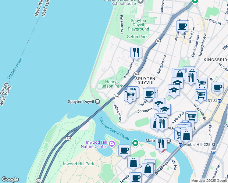 map of restaurants, bars, coffee shops, grocery stores, and more near 2390 Palisade Avenue in The Bronx