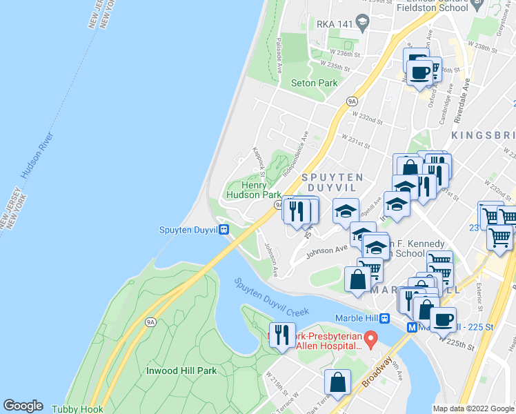 map of restaurants, bars, coffee shops, grocery stores, and more near 2390 Palisade Avenue in The Bronx