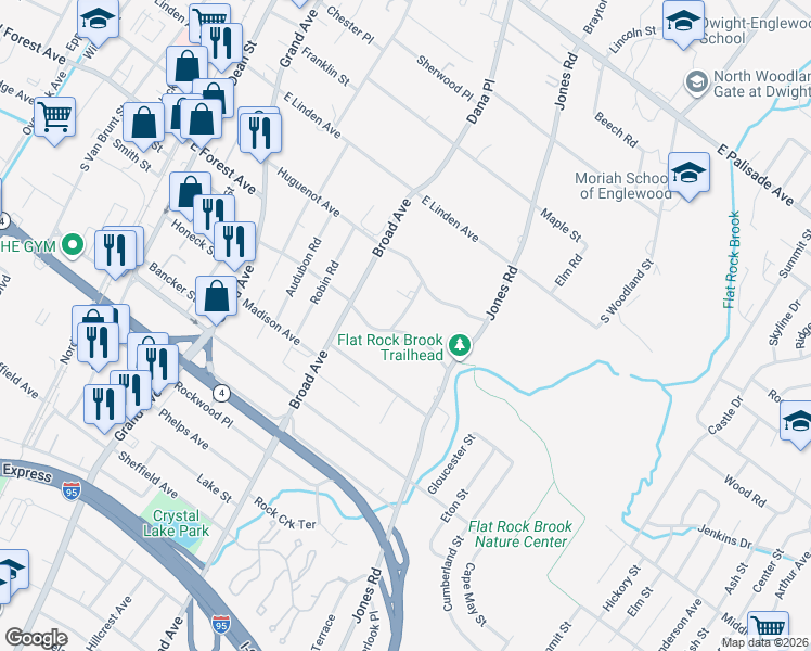 map of restaurants, bars, coffee shops, grocery stores, and more near 254 Fountain Road in Englewood