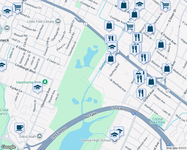 map of restaurants, bars, coffee shops, grocery stores, and more near 145 Cedar Lane in Englewood
