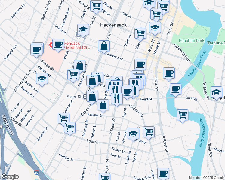 map of restaurants, bars, coffee shops, grocery stores, and more near 68 Dewitt Place in Hackensack