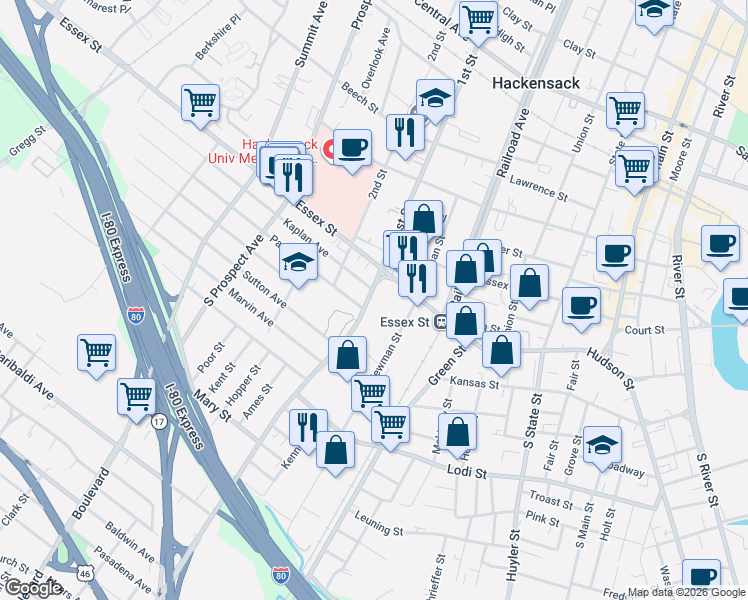 map of restaurants, bars, coffee shops, grocery stores, and more near 50 Polifly Road in Hackensack