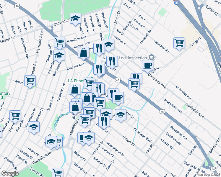 map of restaurants, bars, coffee shops, grocery stores, and more near 9 Hope Street in Lodi