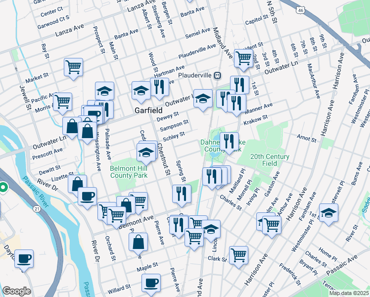 map of restaurants, bars, coffee shops, grocery stores, and more near 98 Spring Street in Garfield
