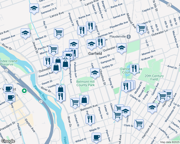 map of restaurants, bars, coffee shops, grocery stores, and more near 168 Cedar Street in Garfield