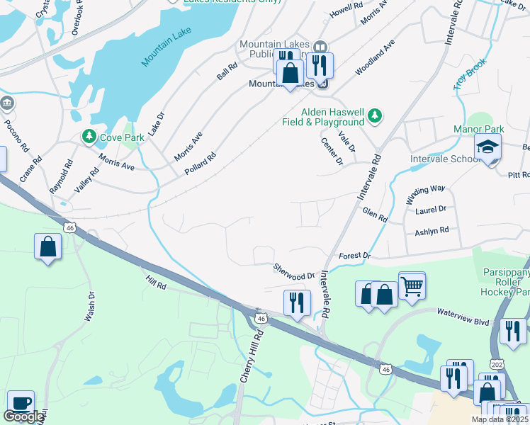 map of restaurants, bars, coffee shops, grocery stores, and more near 17 Robinhood Drive in Mountain Lakes