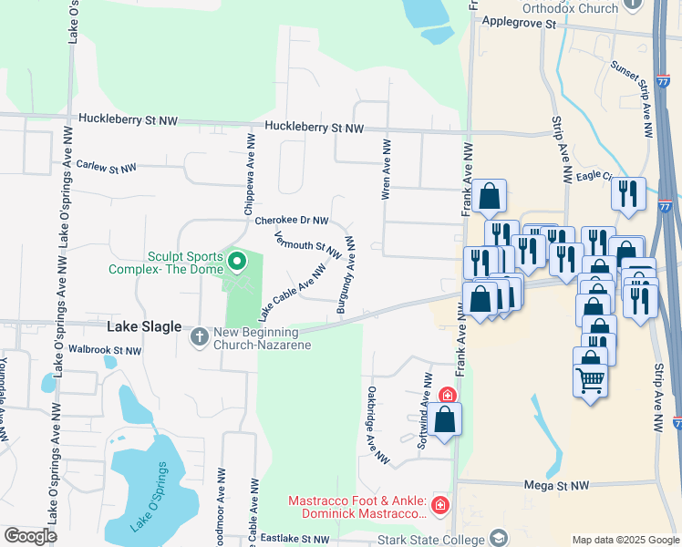 map of restaurants, bars, coffee shops, grocery stores, and more near 6777 Burgundy Avenue Northwest in North Canton