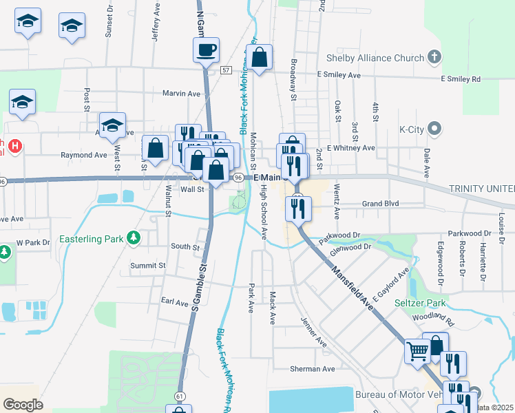 map of restaurants, bars, coffee shops, grocery stores, and more near 25 High School Avenue in Shelby
