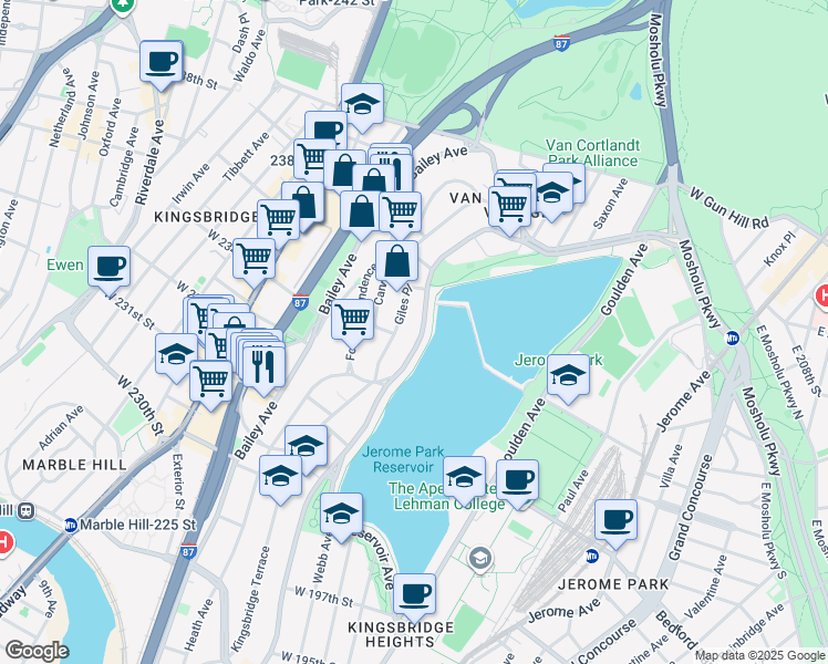 map of restaurants, bars, coffee shops, grocery stores, and more near 3343 Sedgwick Avenue in Bronx