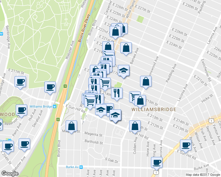 map of restaurants, bars, coffee shops, grocery stores, and more near 740 E 215th St in Bronx