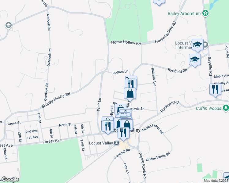 map of restaurants, bars, coffee shops, grocery stores, and more near Church Street in Locust Valley