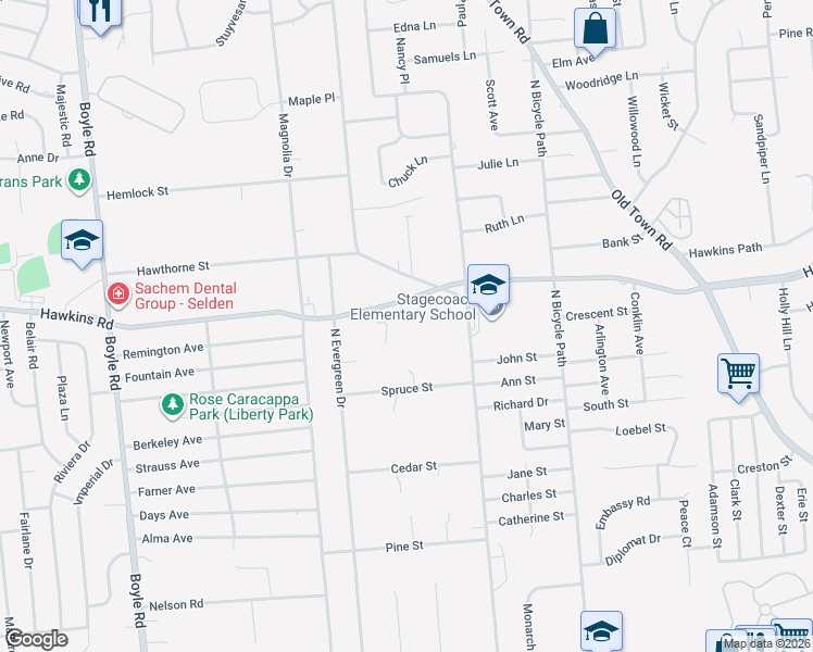map of restaurants, bars, coffee shops, grocery stores, and more near 558 Hawkins Road in Selden