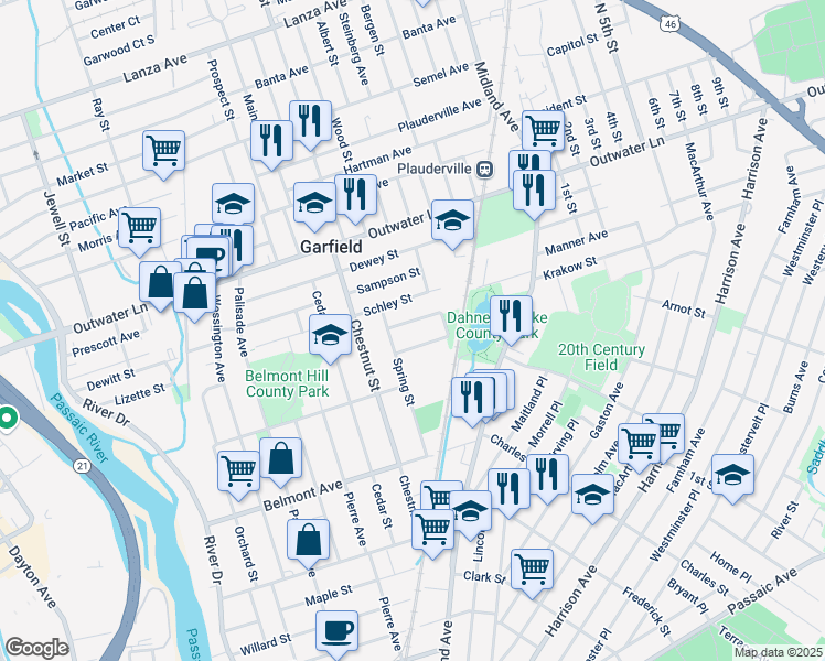 map of restaurants, bars, coffee shops, grocery stores, and more near 98 Spring Street in Garfield