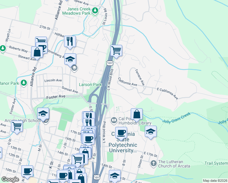 map of restaurants, bars, coffee shops, grocery stores, and more near 480 Granite Avenue in Arcata