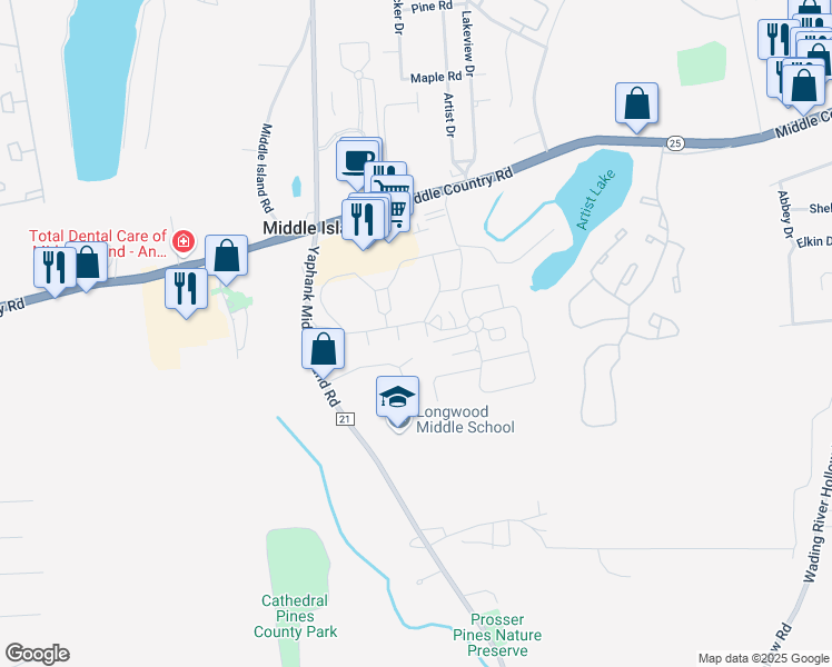 map of restaurants, bars, coffee shops, grocery stores, and more near 322 Artist Lake Drive in Middle Island
