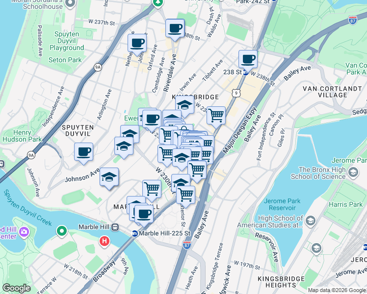 map of restaurants, bars, coffee shops, grocery stores, and more near 3106 Kingsbridge Avenue in Bronx